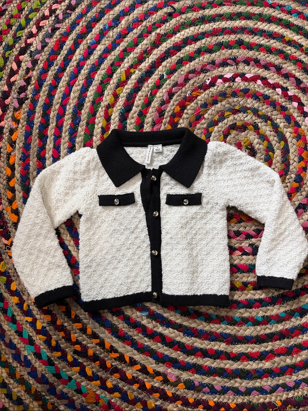 Janie and Jack Black & Cream Bouclé Cardigan Gold Buttons -2T
